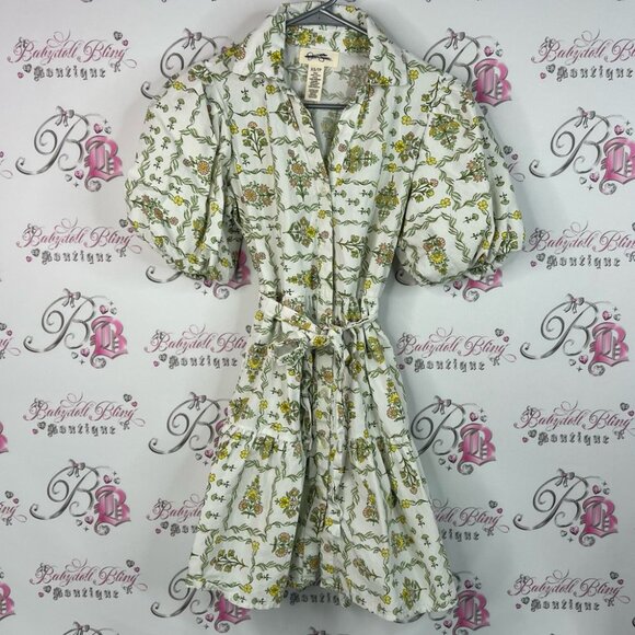 Jessica Simpson dress flowers button up puff sleeve Green and White Mini Dress - Picture 1 of 9